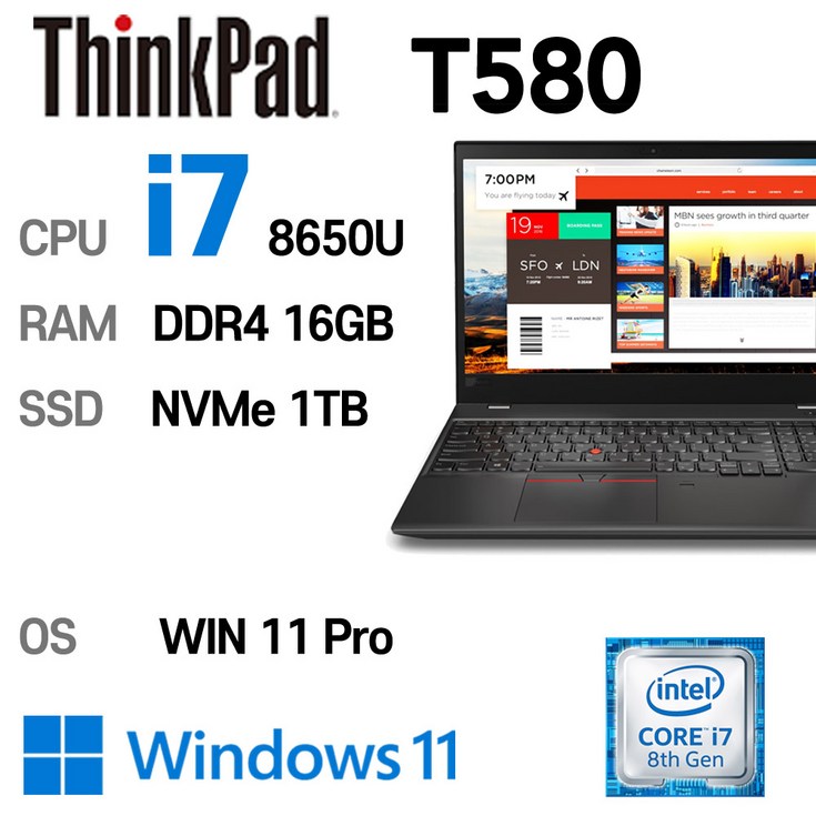 LENOVO 노트북 중고노트북 T580 인텔 8세대 i78650U 16GB 듀얼배터리, T580, WIN11 Pro, 16GB, 1TB, 코어i7, 블랙 LENOVO 노트북 중고노트북 T580 인텔 8세대 i78650U 16GB 듀얼배터리, T580, WIN11 Pro, 16GB, 1TB, 코어i7, 블랙
