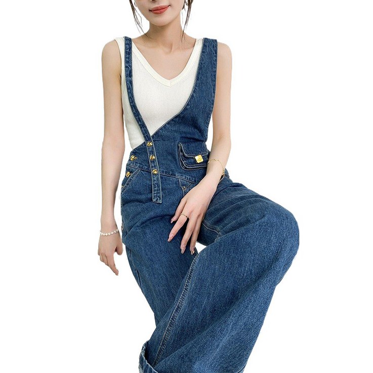 셀럽당 여성용 모던 언발란스 어깨끈 데님 멜빵바지 Y02626KR