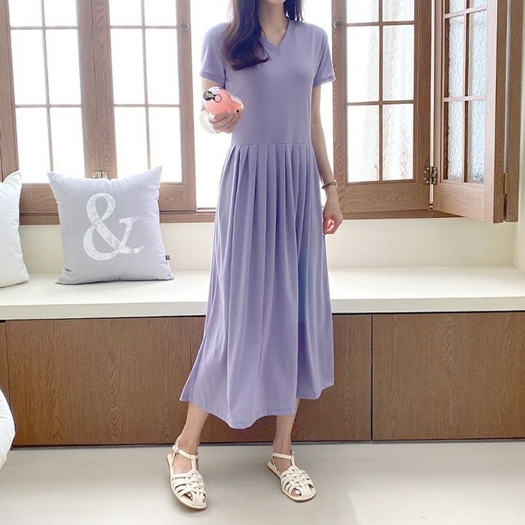 데일리룩 롱 브이넥 반팔 주름 원피스 플레어 A라인 데일리 홈웨어 여름 바캉스 휴가 데일리룩 롱 브이넥 반팔 주름 원피스 플레어 A라인 데일리 홈웨어 여름 바캉스 휴가