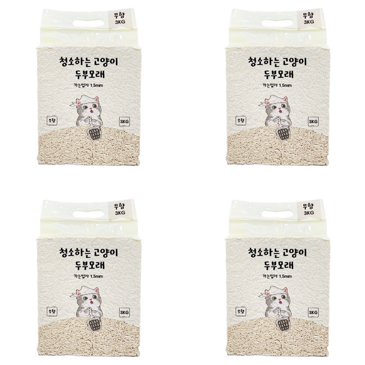 청소하는 고양이 두부모래 가는입자 1.5mm, 오리지널 무향, 4개, 3kg