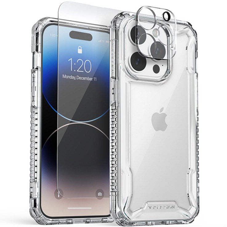 베루스 아이폰14 프로 맥스 투명 휴대폰 케이스 테라가드 크리스탈 강화유리 액정보호필름 1매  카메라보호필름 1매