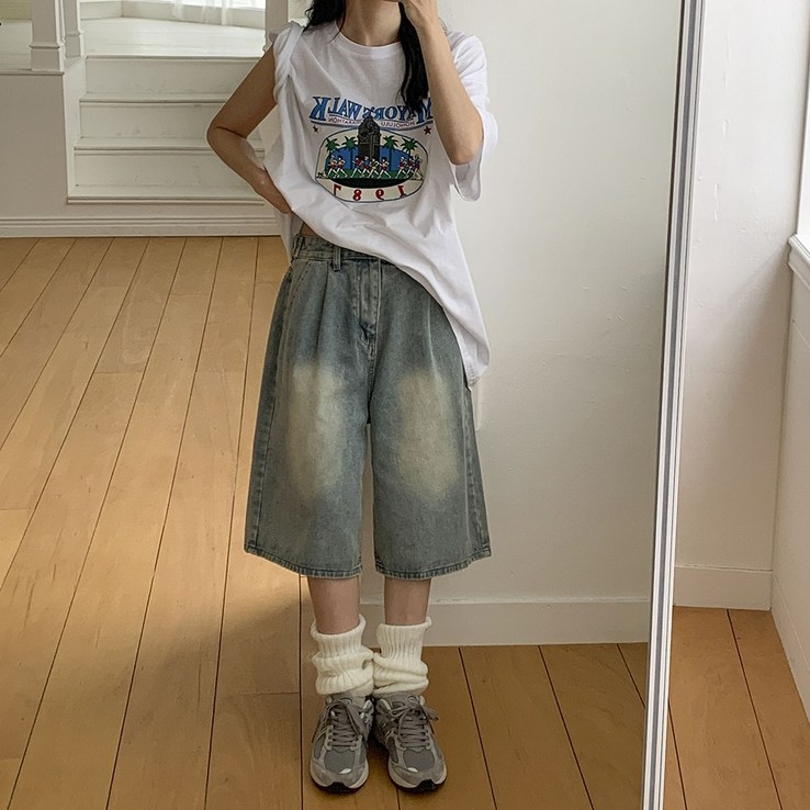 앤샵 원스 데일리 핀턱 와이드 워싱 데님 버뮤다팬츠 버뮤다 반바지 2color