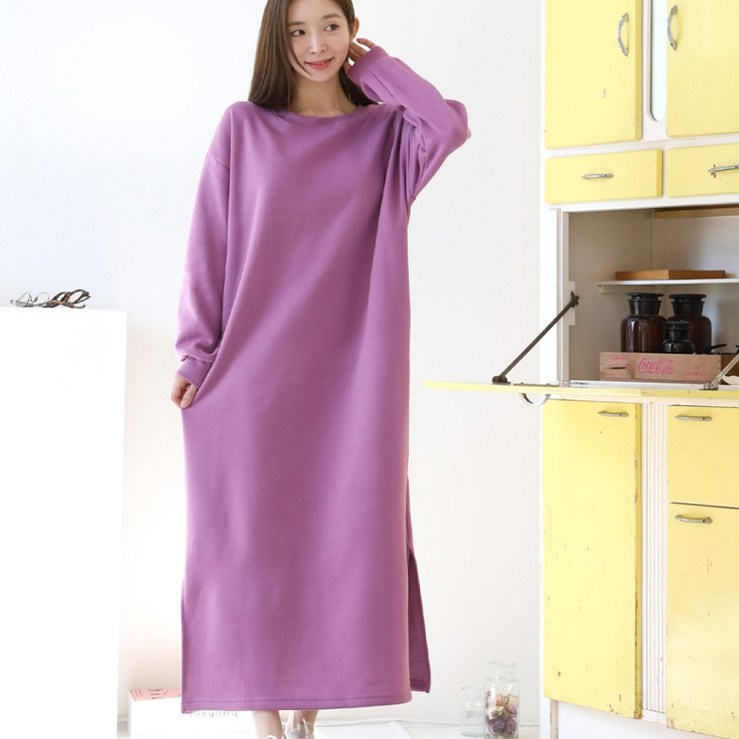 라운드 무지 옆트임 기모 롱원피스 루즈핏 맥시 겨울 홈웨어 라운드 무지 옆트임 기모 롱원피스 루즈핏 맥시 겨울 홈웨어