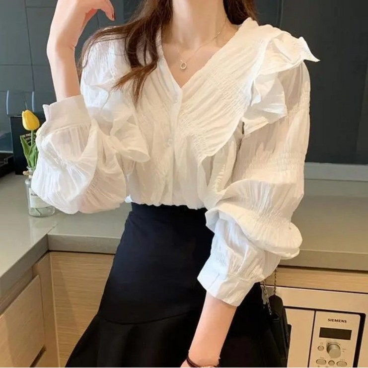여성용 프릴 브이넥 하객룩 긴팔 블라우스