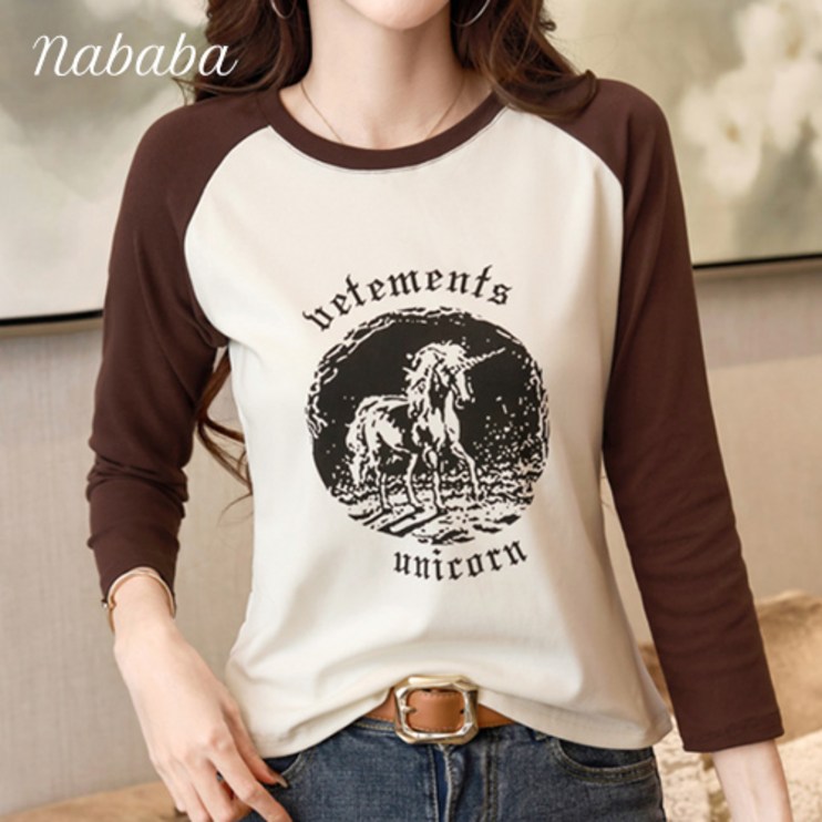 나바바 NT1435 여성 캐주얼 프린팅 나그랑 라운드넥 긴팔 티셔츠 - 투데이밈