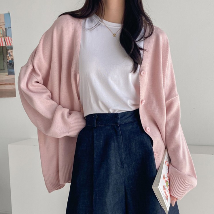 뜨개진 여성용 제키 오버핏 무지 심플 브이넥 가디건 뜨개진 여성용 제키 오버핏 무지 심플 브이넥 가디건
