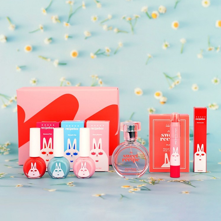 레시피박스 어린이 화장품 스위트믹스 선물세트, 향수+립크레용+매니큐어3종(핑크+스카이+체리) - 투데이밈