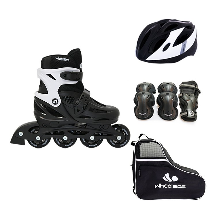 휠러스 아동용 에이스2 인라인스케이트  가방  보호대  헬멧 콤보 세트, 블랙, 1세트