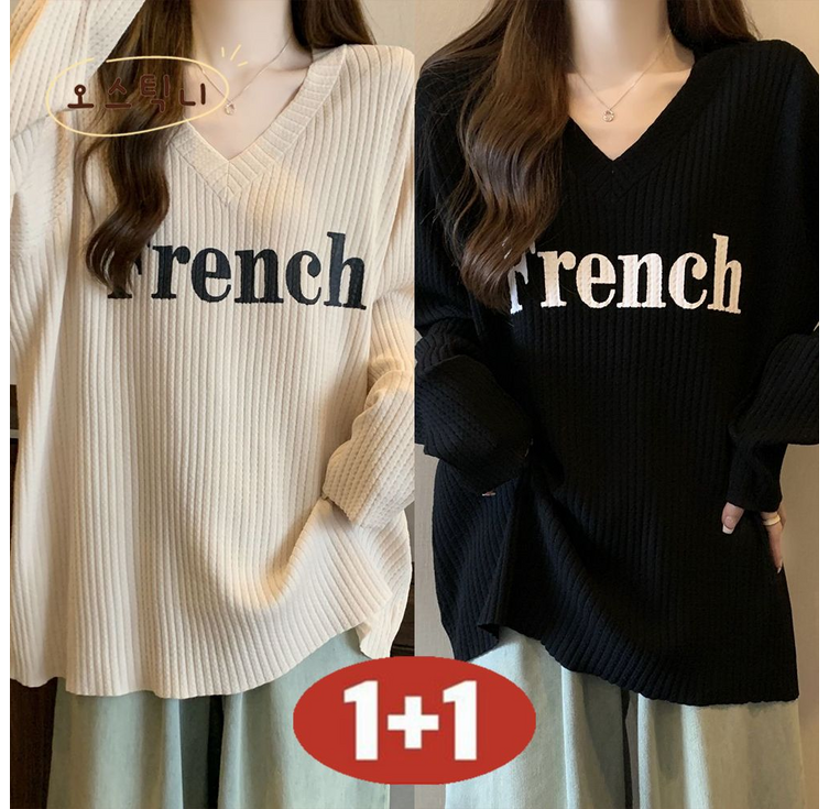 오스틱니 100kg까지 빅사이즈 11 2025 신상 여성 봄가을 V넥 심플한 레터링 날염 디자인 감각 날씬해 보이는 외출용 간절기 긴팔 티셔츠