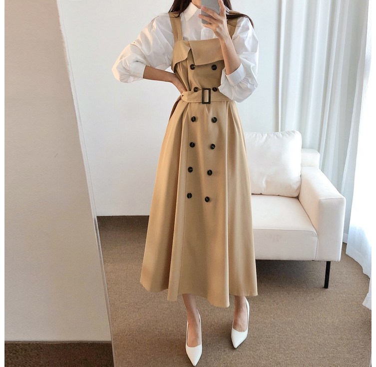 요시아나 당일발송 르젤 뷔스티에 트렌치 스타일 더블단추 롱원피스 2컬러
