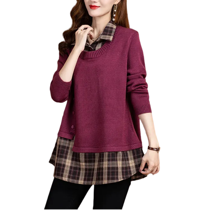 여성용 체크셔츠 일체형 레이어드 니트 티셔츠