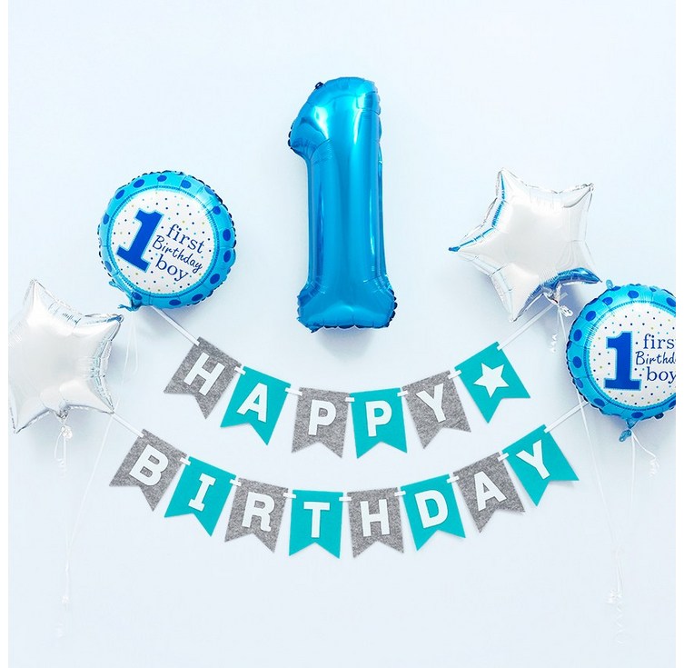 파티팡 첫돌 1 블루 부케 은박풍선펠트 리본 생일가랜드 세트 민트앤그레이 손펌프증정 파티용품 파티풍선 돌잔치 생일파티 첫돌파티, 1개