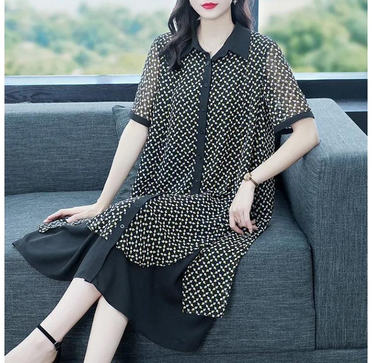 MOSAIRATION여성 소프트 카라넥 쉬폰 원피스 오버핏 반팔 패치워크 중년여성 데일리 미디 원피스 U0022007