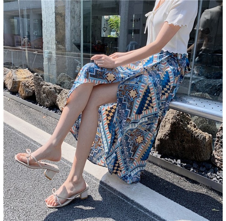 Makone 랩스커트 태국 여성봄가을 반신 롱 치마 한편식 끈이있는 앞치마 시폰 꽃무늬 통돌이 볼륨 a스커트