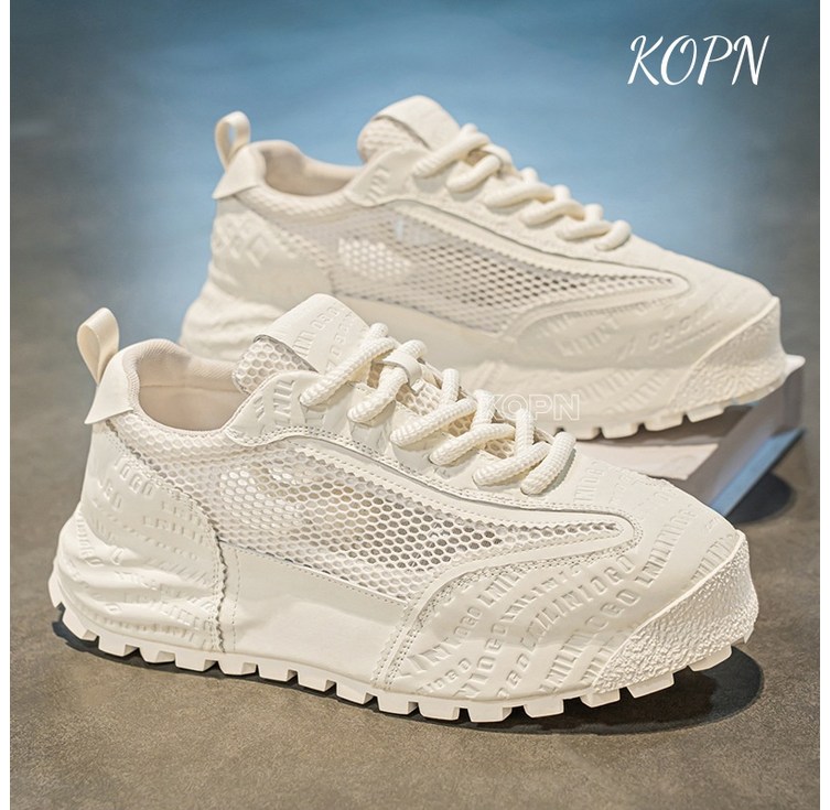KOPN 남성 신발 여름 통기 펀칭 메쉬 남성 두꺼운 신발 밑창 키높이 신발 검은색 메쉬 운동화