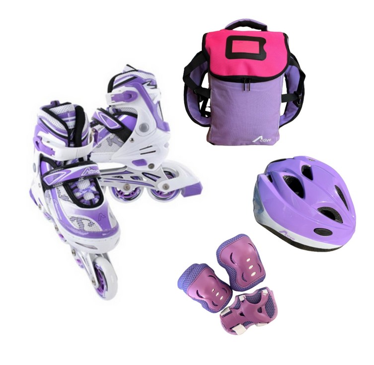 [인라인 SET] 사이즈 조절형 발광바퀴 인라인 스케이트+헬멧+보호대+가방, 스마트 퍼플 SET - 캠핑밈