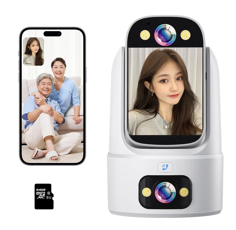 RUN기술 스마트 AI WiFi 홈캠 듀얼 렌즈 360도 회전형 양방향 영상통화 카메라