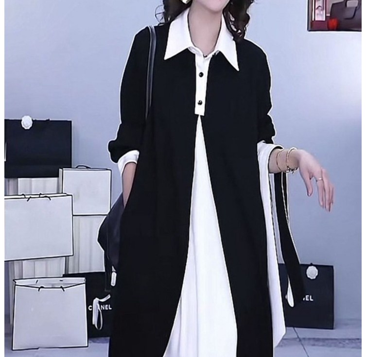 AOKADA 여성 봄 가을 루즈핏 레이어드 긴팔 셔츠핏 결혼식 하개룩 오피스룩 롱 원피스